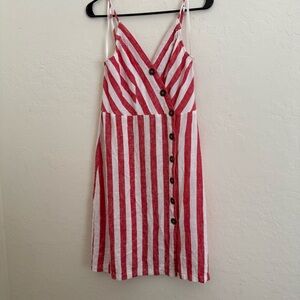 Viscose linen women sz med red & white striped button down dress, unique, comfy